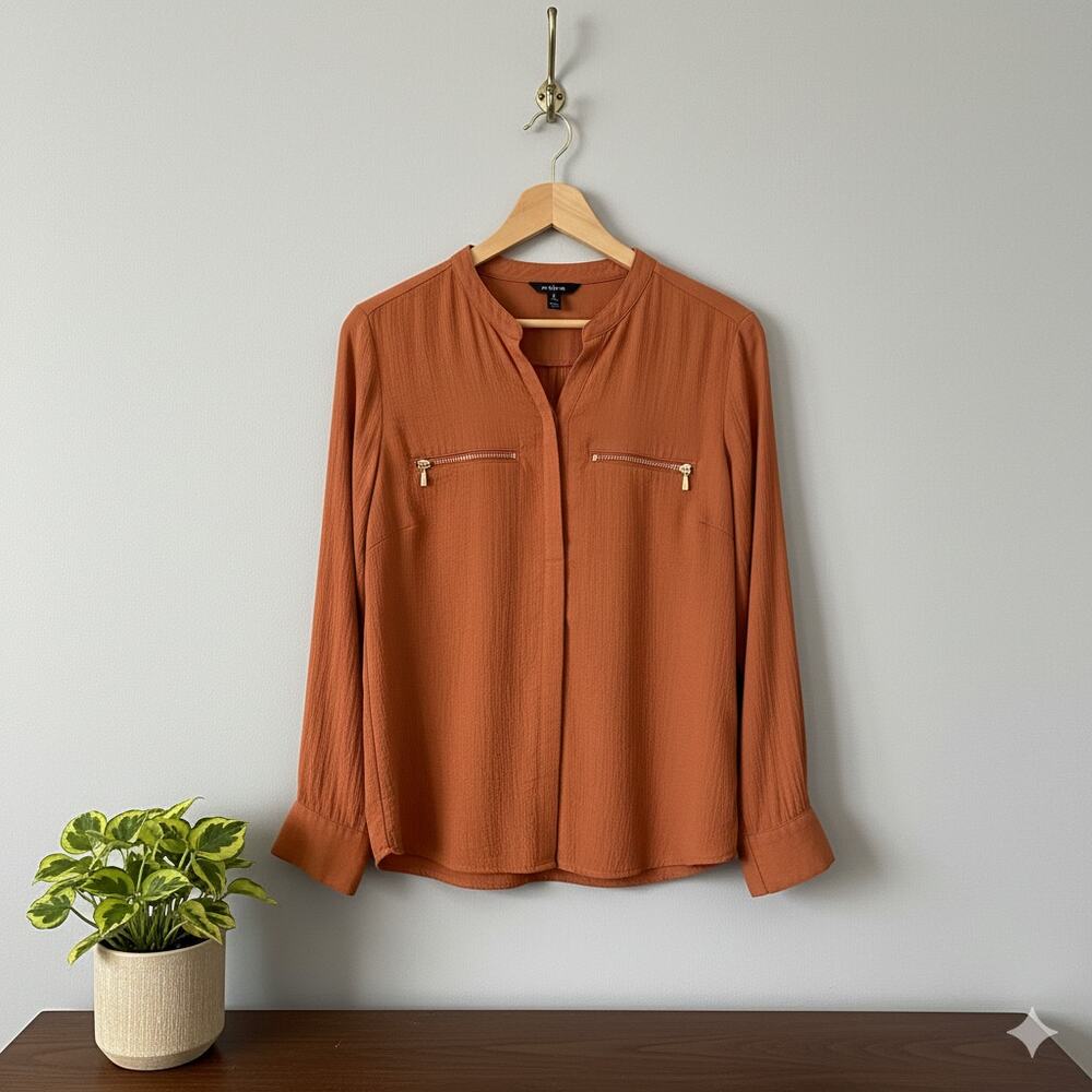 Trouvé · Small · Umber · Roll-Tab Sleeve Stand-Up Collar Shirt